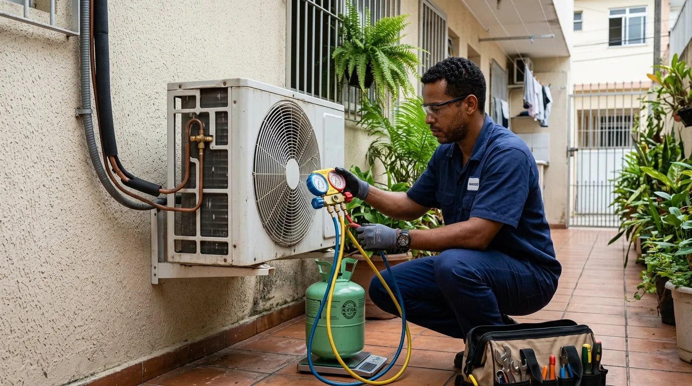 Técnico fazendo carga de gás na condensadora do ar-condicionado em Cascavel‑PR