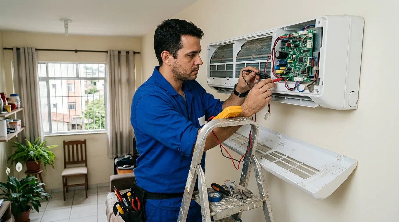 Técnico trocando a placa eletrônica de ar-condicionado split em Cascavel‑PR