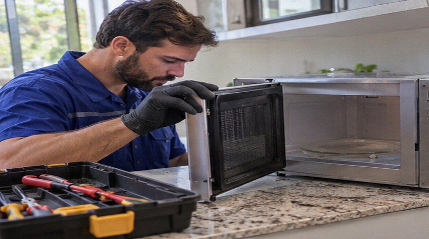 Conserto de micro-ondas em Cascavel‑PR: técnico abrindo um micro-ondas de bancada
