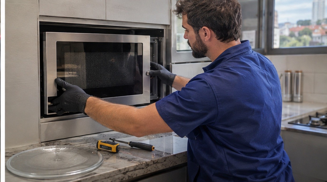 Conserto de micro-ondas de embutir em Cascavel‑PR: técnico encaixando o aparelho no armário