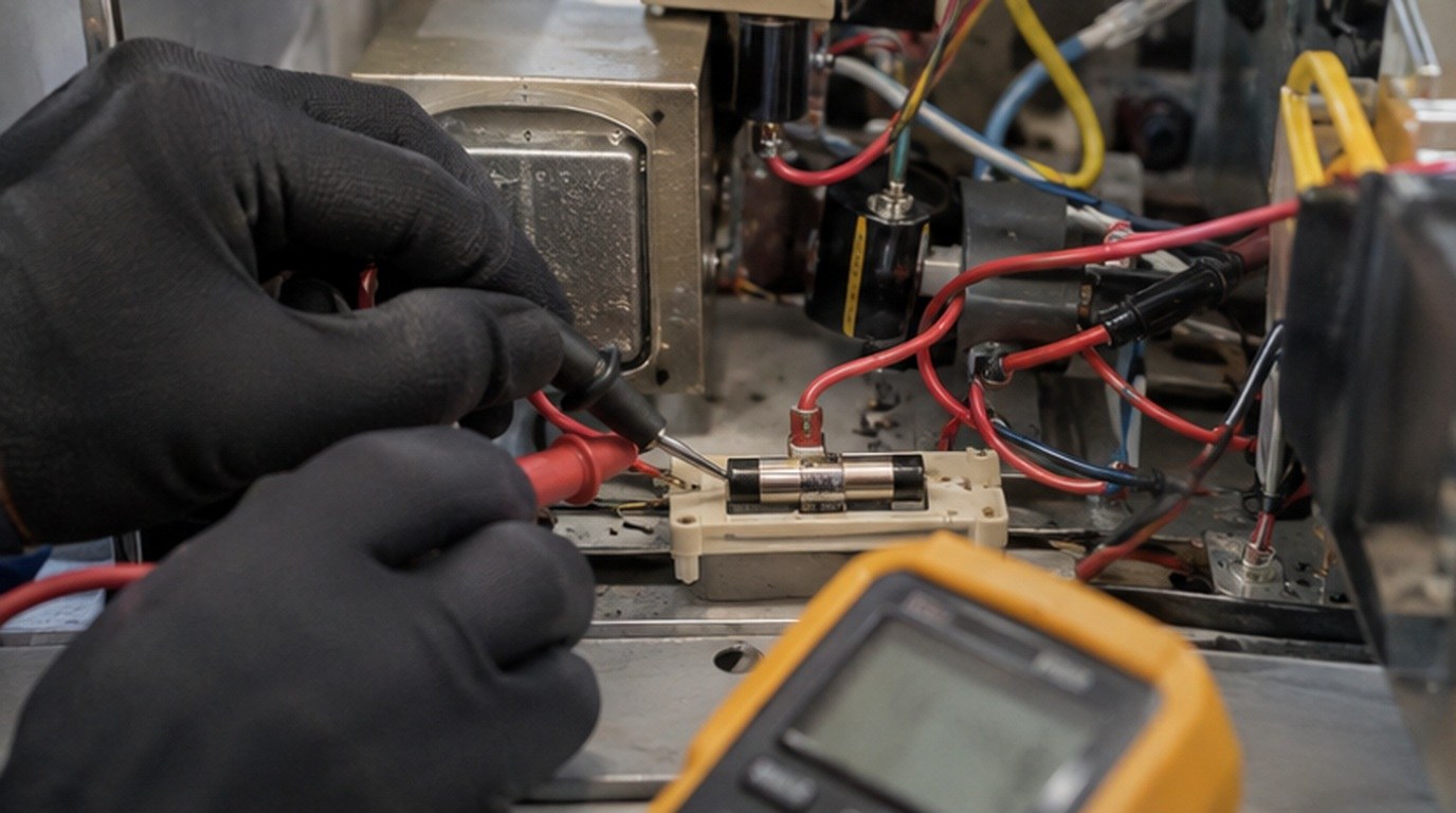 Conserto de micro-ondas em Cascavel‑PR: teste do fusível e do diodo de alta tensão