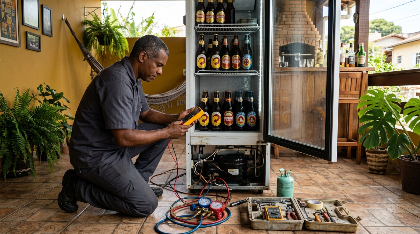 Placa eletrônica de cervejeira em reparo na bancada no Canadá, Cascavel‑PR