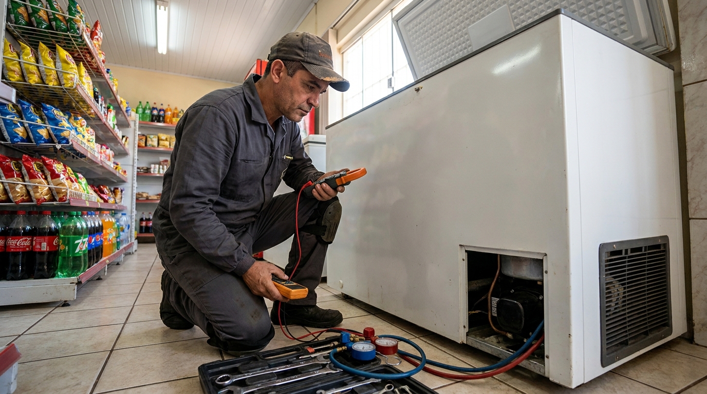Reparo da placa eletrônica de um freezer em atendimento em Cascavel‑PR
