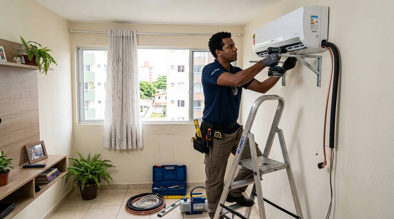 Técnico instalando ar-condicionado split em residência em Cascavel‑PR