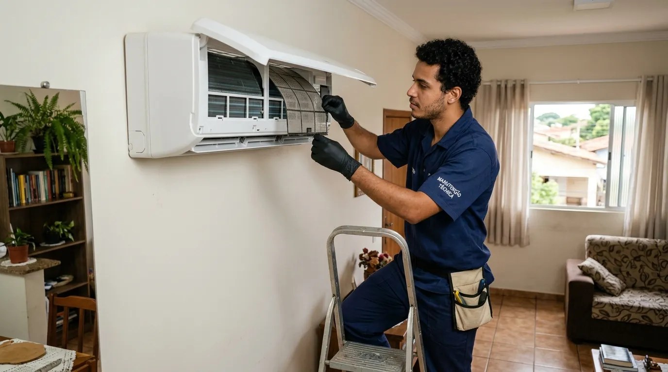Técnico fazendo limpeza e higienização de ar-condicionado split em Cascavel‑PR