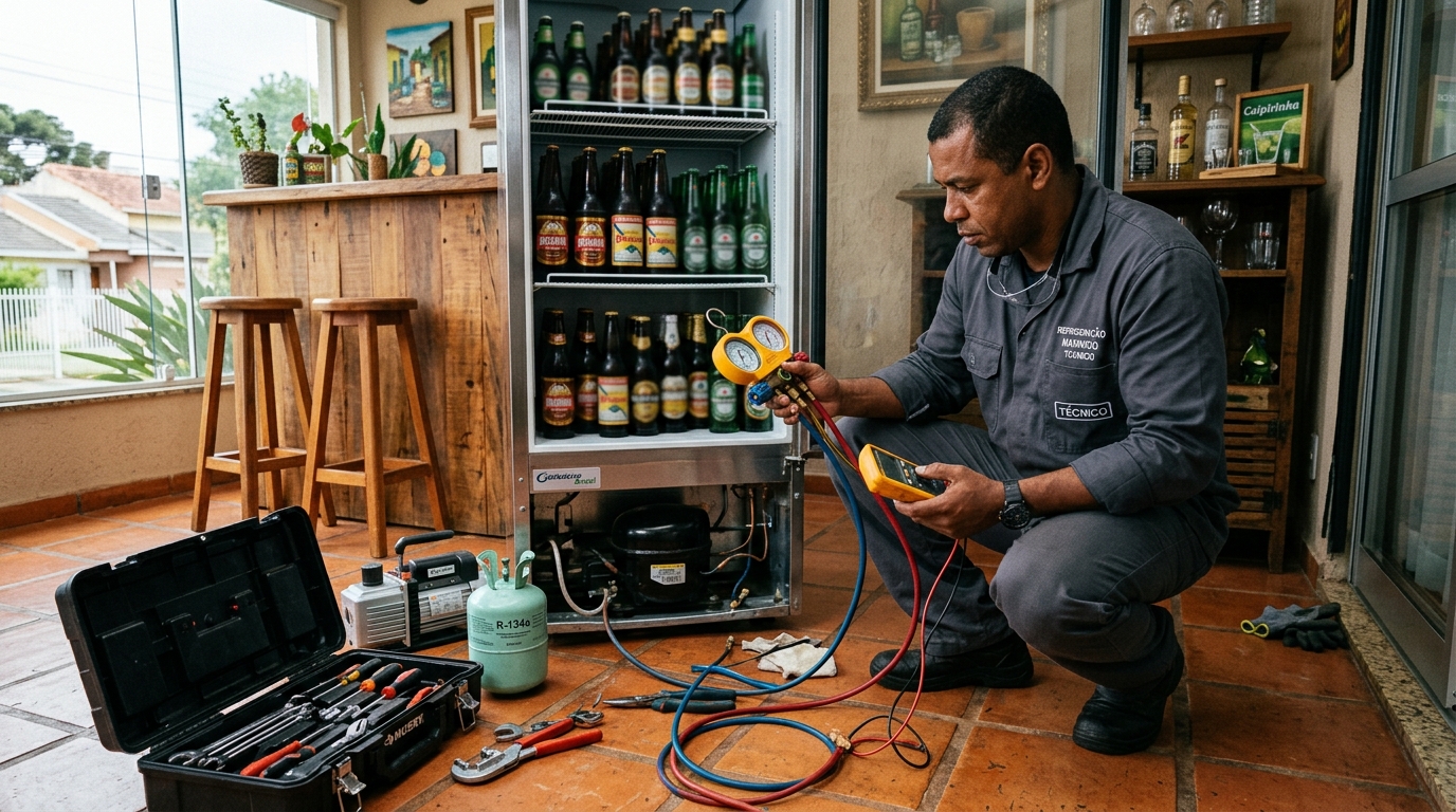 Técnico revisando o motor de uma cervejeira durante chamado no Canadá, Cascavel‑PR