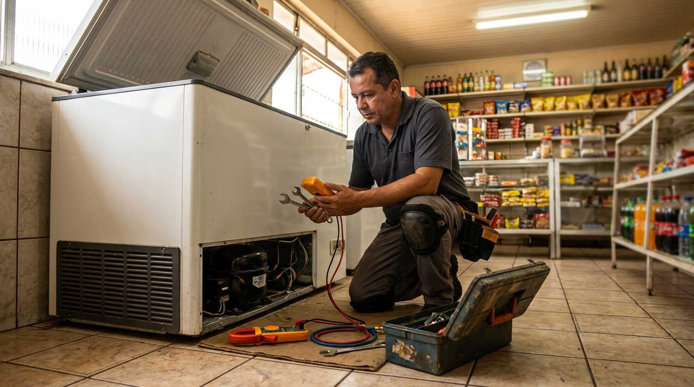 Técnico reparando o motor de um freezer horizontal em Cascavel‑PR