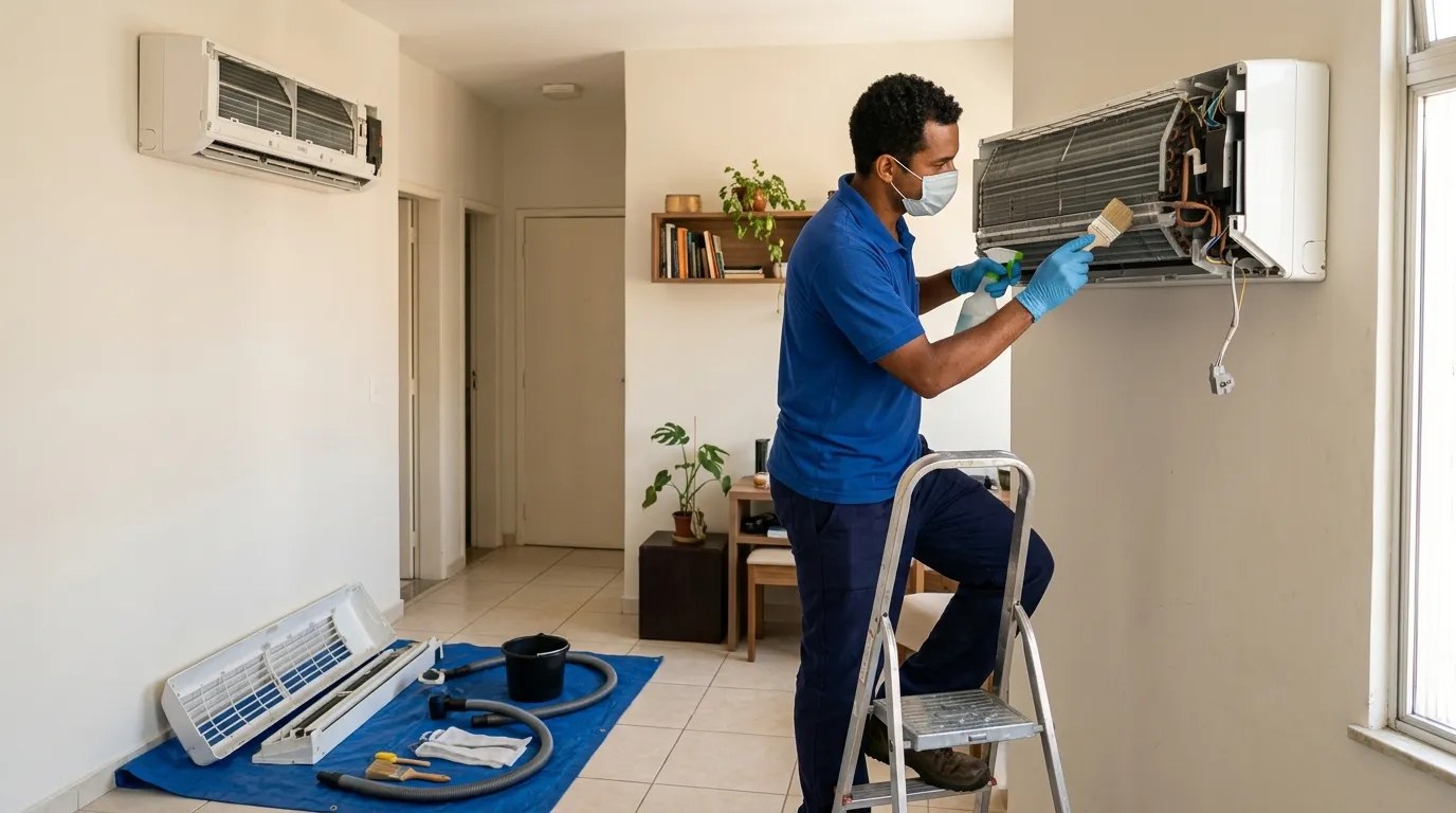 Técnico fazendo manutenção de ar-condicionado split em Cascavel‑PR